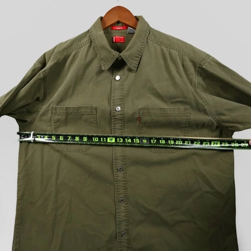 Vintage Levi's Shirt Mens L Red Tab Loose Fit Metal Button Army Green Denim‎ Y2K